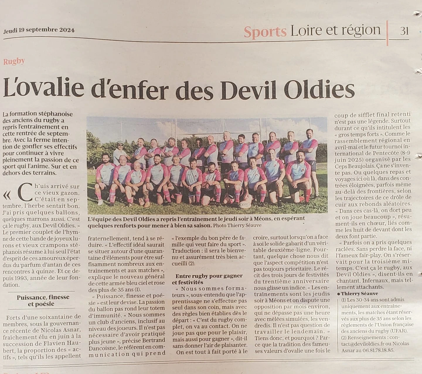Article de sur le club de rugby Devil Oldies dans la Tribune le Progrès